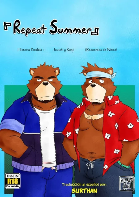 Dos osos antropomórficos musculosos y dotados posan juntos vistiendo ropa casual de verano.