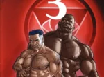 Dos hombres musculosos y desnudos posando con sus penes erectos frente a un fondo rojo con un símbolo circular.