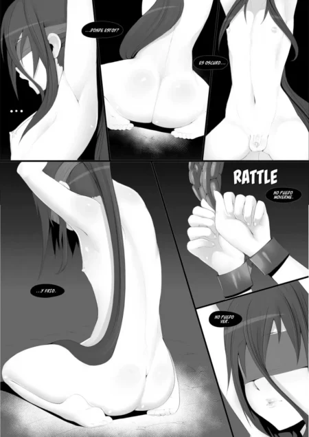 Mujer desnuda y vendada de los ojos, atada de manos y arrodillada, mostrando sus glúteos y genitales en un manga erótico.