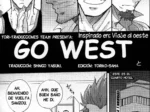 Página de manga Yaoi Go West con cuatro hombres musculosos y escenas sugerentes de desnudez masculina en un hotel.