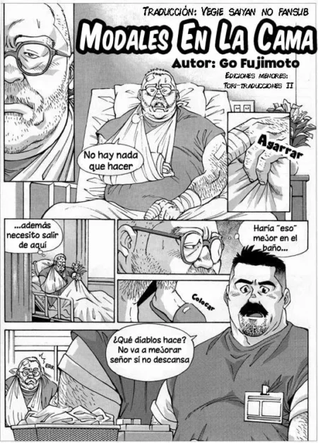 Página de manga erótico Modales En La Cama de Go Fujimoto con un hombre gordo herido en cama y un enfermero musculoso.