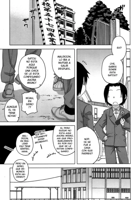 Página de manga en blanco y negro con diálogos en español sobre estudiantes frente a una escuela.