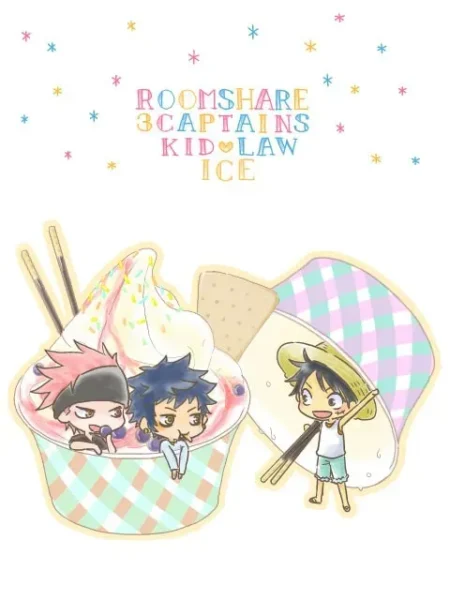 Dibujo chibi de Kid, Law y Luffy sumergidos en helados pasteles con colores suaves y estrellas brillantes.