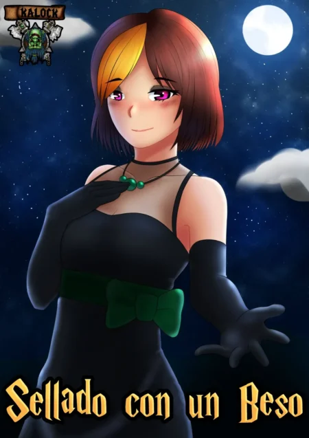 Mujer anime con vestido negro ajustado, guantes largos y collar, mirando seductora bajo la luna en Sellado con un Beso.