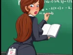 Profesora pelirroja de curvas pronunciadas con un papel que dice Fuck Me pegado en su culo mientras escribe en la pizarra.