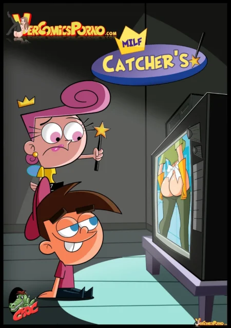 Lincoln y Luan Loud miran una televisión con una mujer rubia mostrando sus glúteos y pezones en Milfs Catchers.