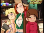 Tres mujeres jóvenes sensuales con ropa provocativa posando juntas en Gravity Fucks: Nada Es Lo Que Parece.