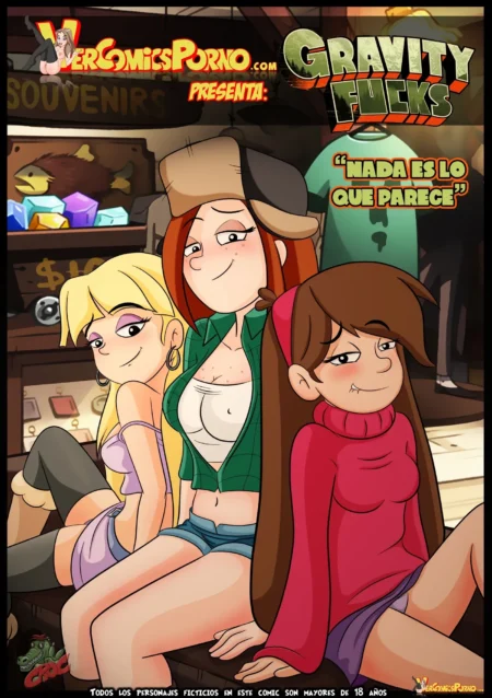Tres mujeres jóvenes sensuales con ropa provocativa posando juntas en Gravity Fucks: Nada Es Lo Que Parece.