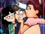 Portada de cómic erótico de Gravity Falls con Dipper siendo besado por Wendy mientras Mabel lo mira excitada.