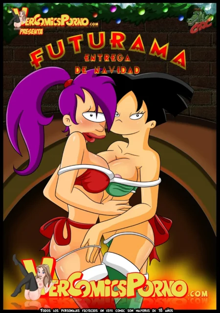 Leela y Amy de Futurama abrazadas y semidesnudas con ropa interior navideña sexy frente a una chimenea encendida.