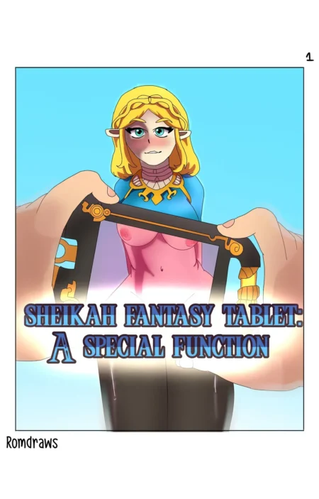 Zelda desnuda del pecho hacia abajo vista a través de una tableta Sheikah que revela sus senos y pezones erectos.