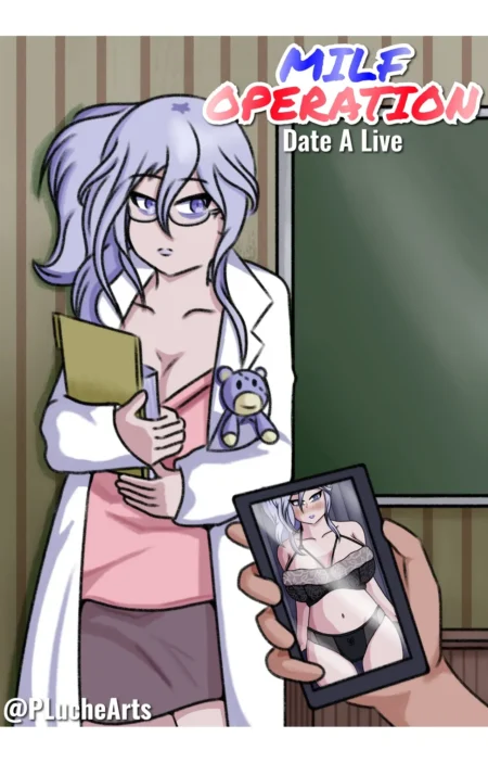 Doctora de Date A Live con bata abierta y escote, mientras sostienen una foto erótica suya en lencería negra sexy.