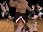 Orc musculoso con corona y guante de boxeo entrenando con mujeres y hombres sumisos en un gimnasio de Pig King.