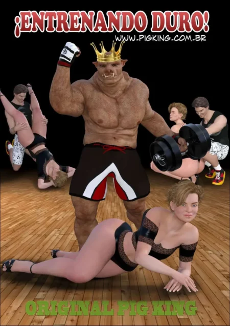 Orc musculoso con corona y guante de boxeo entrenando con mujeres y hombres sumisos en un gimnasio de Pig King.