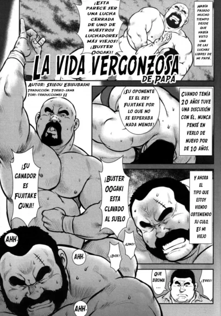Manga de luchadores calvos y musculosos con vello facial peleando en el ring, enfocando sus traseros y cuerpos sudados.
