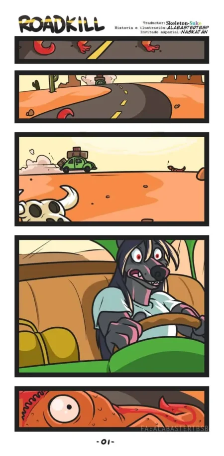 Cómic furry yaoi Roadkill con lobo conduciendo auto en desierto y un animal muerto atropellado en la carretera.
