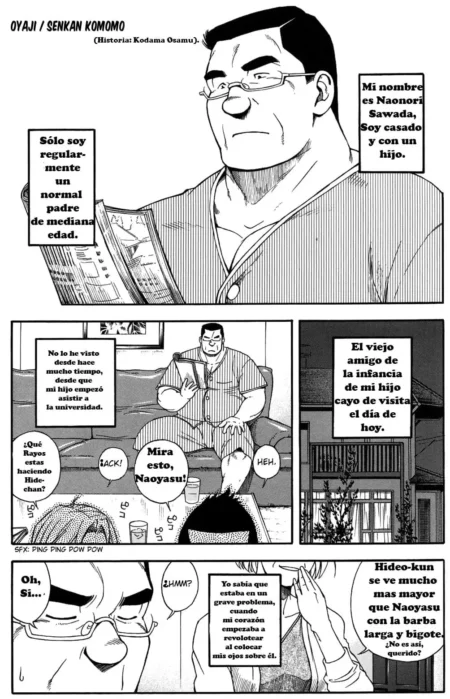 Página de manga de Oyaji con Naonori Sawada, hombre robusto con gafas y camisa abierta, leyendo el periódico en su sofá.