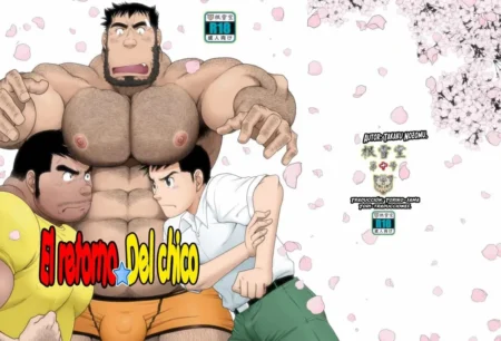 Hombre musculoso y velludo en calzoncillos abrazando a dos hombres jóvenes en una escena erótica de Takaku Nozomu.