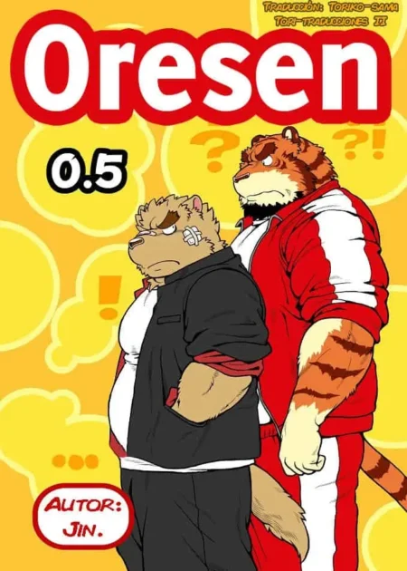 Dos hombres furros musculosos, un tigre y un perro, posan juntos en la portada del manga NSFW Oresen 0.5 de Jin.