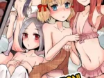 Cuatro chicas anime semidesnudas posando eróticamente para una grabación de orga y feminización en sesión de fotos.