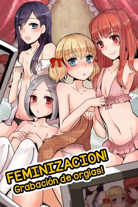 Cuatro chicas anime semidesnudas posando eróticamente para una grabación de orga y feminización en sesión de fotos.