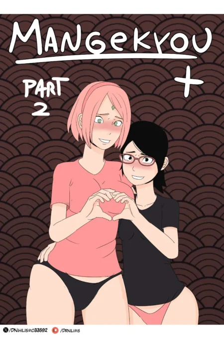 Dos mujeres abrazadas haciendo un corazón con las manos, vistiendo camisetas y bragas ajustadas que resaltan sus curvas.