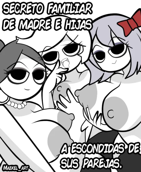 Madre e hijas desnudas con pechos grandes y tetas expuestas tocándose sexualmente a escondidas de sus parejas.