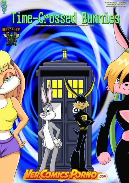 Bugs Bunny y Lola Bunny eróticos frente a una TARDIS en el arte NSFW de Time-Crossed Bunnies de Palcomix.