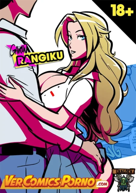 Rangiku Matsumoto con pechos enormes y blusa blanca ajustada abrazando sexualmente a Gairon en un cómic erótico.