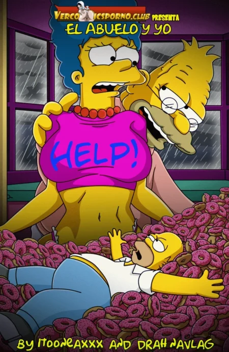 Marge Simpson con top rosa pidiendo ayuda mientras el abuelo la abraza y Homer yace desnudo sobre donuts.
