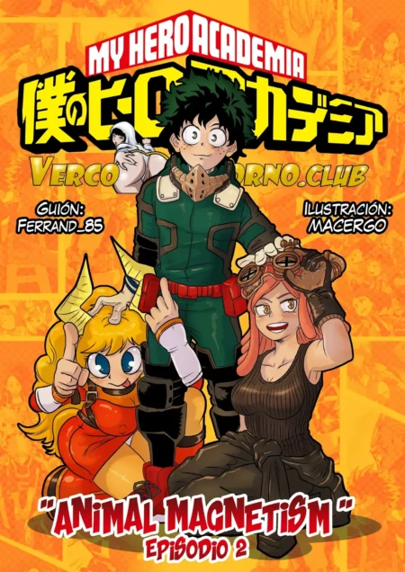 Izuku Midoriya con Peach y una mujer pelirroja en la portada del doujinshi erótico Animal Magnetism Episodio 2.