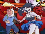 Finn y Marceline en pose combatiente con ella luciendo pechos grandes y vagina expuesta bajo una falda azul abierta.