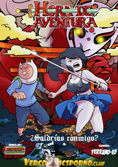 Finn y Marceline en pose combatiente con ella luciendo pechos grandes y vagina expuesta bajo una falda azul abierta.