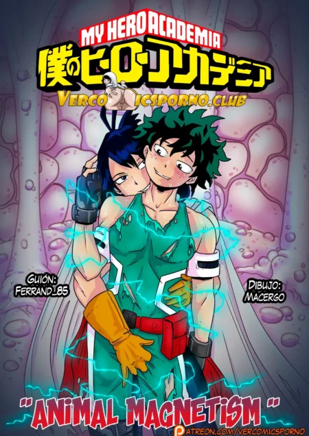 Izuku Midoriya y Tenya Iida abrazados con deseo, ropa rasgada y energía eléctrica en un erotismo explícito de Boku no Hero.