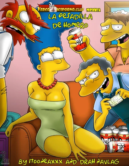 Marge Simpson con escote pronunciado sentada junto a Homer y otros hombres excitados en La Pesadilla de Homero.