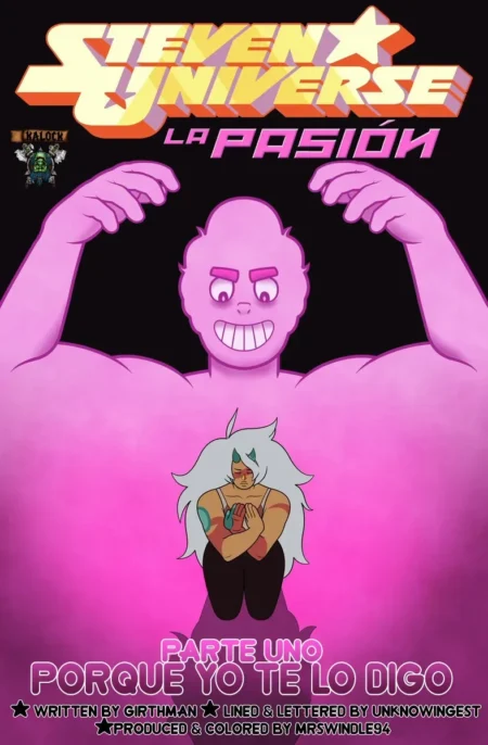 Gigante rosado musculoso con expresión lasciva sobre Pearl arrodillada y sumisa en Steven Universe La Pasión Parte Uno.