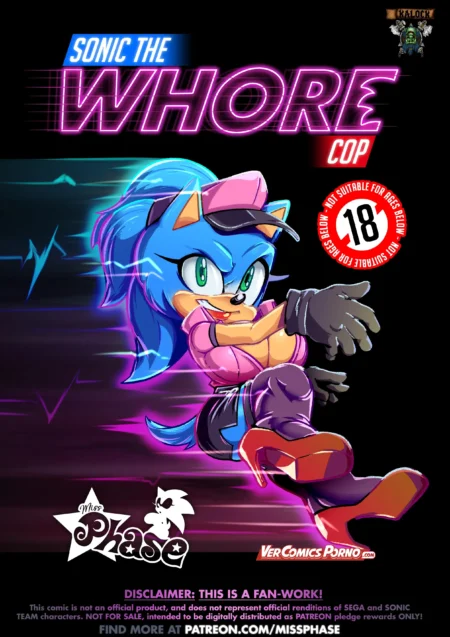 Portada de cómic erótico de Sonic The Whore Cop con una eriza azul sexy vestida de policía con pechos grandes y provocativos.
