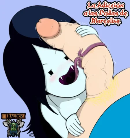 Hubi lame y succiona con deseo el pene erecto de Marceline en un dibujo erótico explícito.