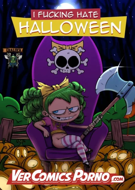 Personaje erótico de cabello verde y medias rayadas sentada en trono púrpura con hacha sobre fondo de calabazas.