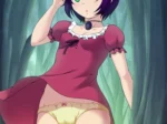 Anime de Garden of Nightmare con chica de vestido rosa levantado revelando sus bragas amarillas y vagina marcada.