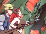 Mujer pelirroja con pechos grandes y trasero voluminoso junto a un guerrero frente a un dragón verde en Dragon's Captive.