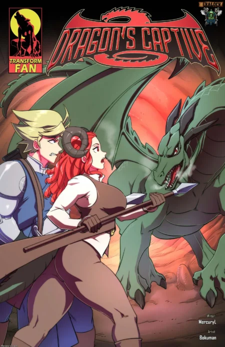 Mujer pelirroja con pechos grandes y trasero voluminoso junto a un guerrero frente a un dragón verde en Dragon's Captive.