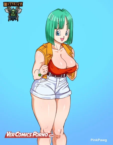 Bulma de Dragon Ball con pechos gigantes apretados en un top rojo y shorts blancos cortos muy provocativos.
