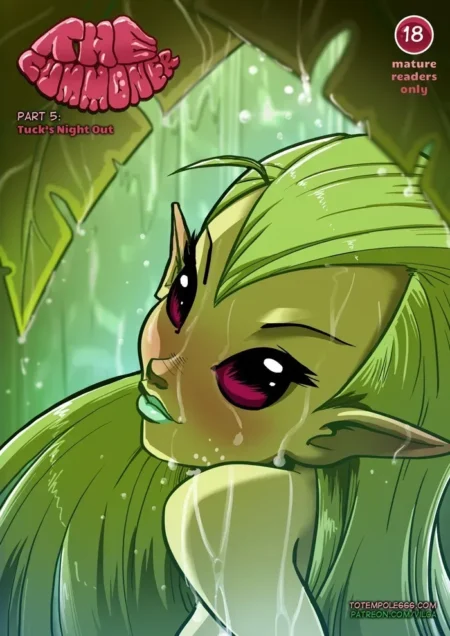 Elfa verde de The Cummoner bañada en semen con gotas blancas sobre su piel y rostro mientras mira con deseo.