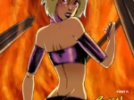 Mujer rubia de espaldas con top y bragas moradas ajustadas que resaltan sus glúteos, sosteniendo un mazo ante fuego.