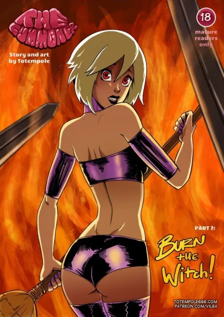 Mujer rubia de espaldas con top y bragas moradas ajustadas que resaltan sus glúteos, sosteniendo un mazo ante fuego.