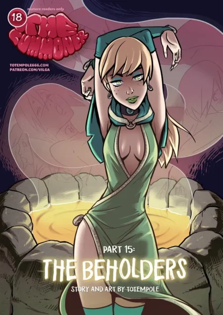 Mujer rubia con vestido verde corto y escote pronunciado posando frente a un pozo en la portada de The Cummoner #15.