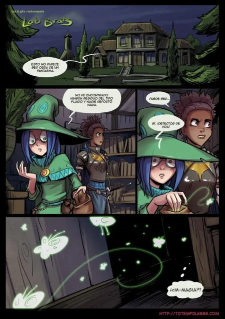 Cómic de The Cummoner con bruja y guerrera investigando una casa antes de escenas de sexo explícito y cumshots.
