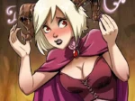 Mujer demonio rubia con cuernos chorreando semen, pecho exuberante en top morado y expresión excitada.