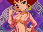 Antropomórfica Goofy Plot con peinado rojo y bata rosa abierta revelando sus pechos y tanga blanca.